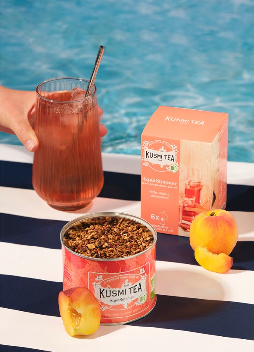 Kusmi Tea AquaSummer losse thee 100 gram - voorkant 2 perzikroze