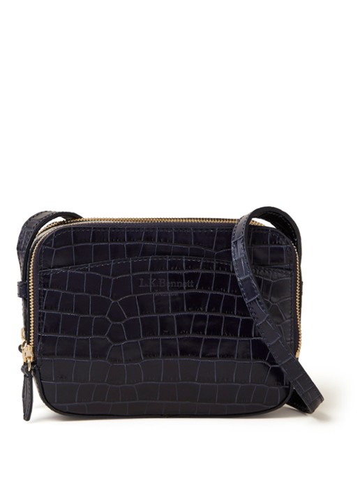 L.K.Bennett Mariel crossbodytas van kalfsleer met crocostructuur - voorkant 3 donkerblauw