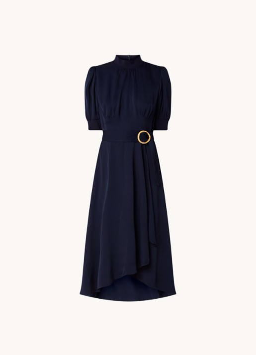 L.K.Bennett Violet midi jurk met pofmouw en ceintuur - voorkant 2 donkerblauw