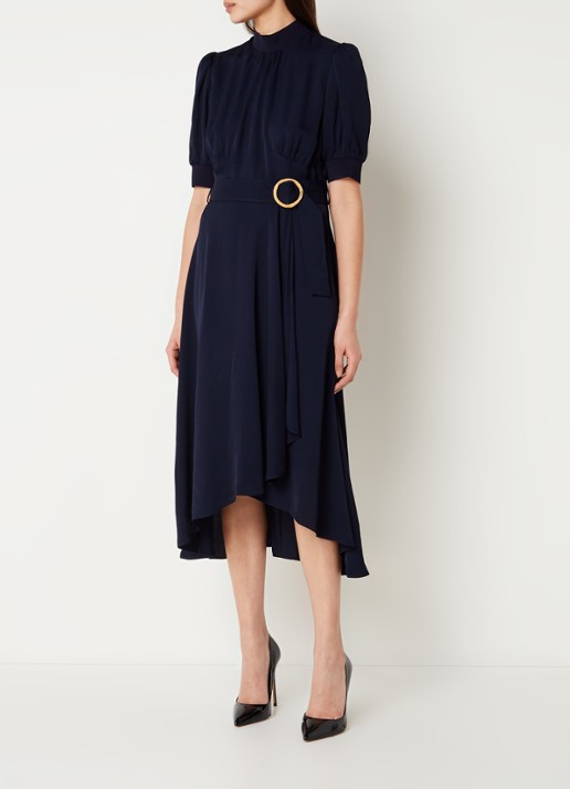 L.K.Bennett Violet midi jurk met pofmouw en ceintuur - voorkant 3 donkerblauw