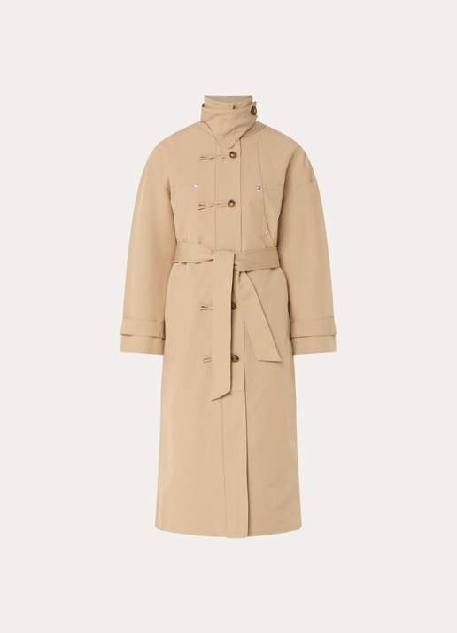 Laagam Antwerp trenchcoat met strikceintuur en opstaande kraag - voorkant 3 donkerbeige