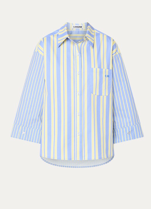 Laagam Caos oversized blouse met streepprint en borstzak - voorkant blauw