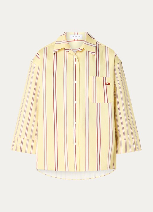 Laagam Caos oversized blouse met streepprint en borstzak - voorkant 2 gebroken wit