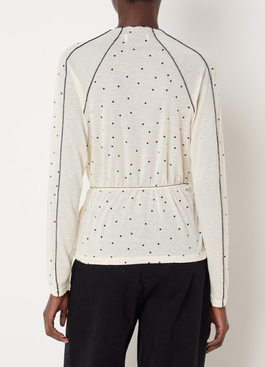 Laagam Harper semi-transparante longsleeve met stippenprint en ceintuur - achterkant 4 gebroken wit