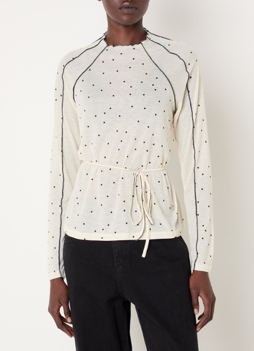 Laagam Harper semi-transparante longsleeve met stippenprint en ceintuur - detail 3 gebroken wit