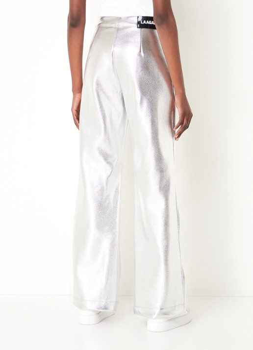 Laagam High waist wide fit broek van imitatieleer met metallic finish - achterkant 4 zilver