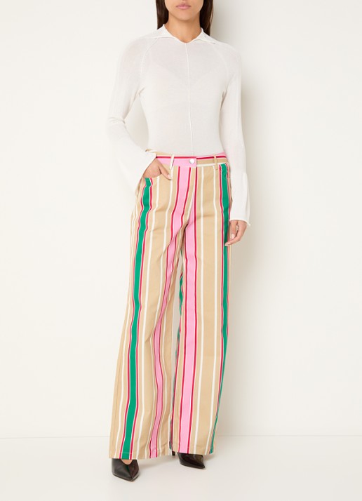 Laagam Leroy mid waist straight fit broek met streepprint - voorkant 3 beige
