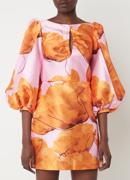 Laagam Liza Fleur mini jurk met bloemenprint en rugdecolleté - achterkant orange