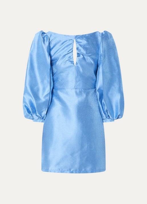 Laagam Liza mini jurk met cut-out detail en pofmouw - voorkant blauwgrijs