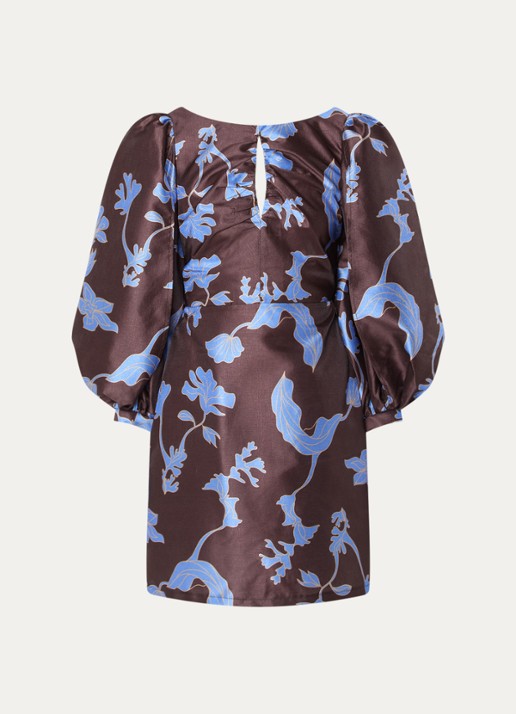 Laagam Liza mini jurk met pofmouw en glanzende finish - voorkant bruin