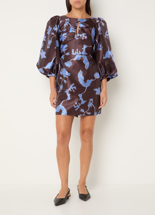 Laagam Liza mini jurk met pofmouw en glanzende finish - voorkant 2 bruin