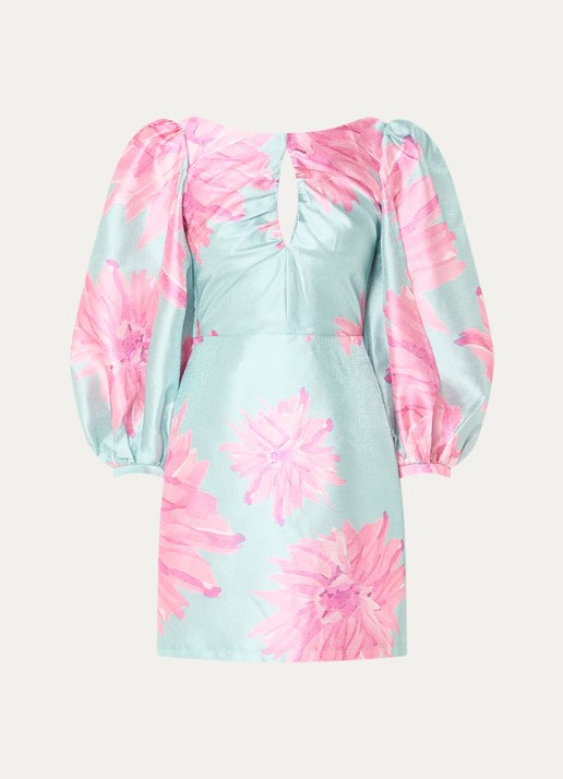 Laagam Liza mini jurk met print en pofmouw - voorkant 2 roze