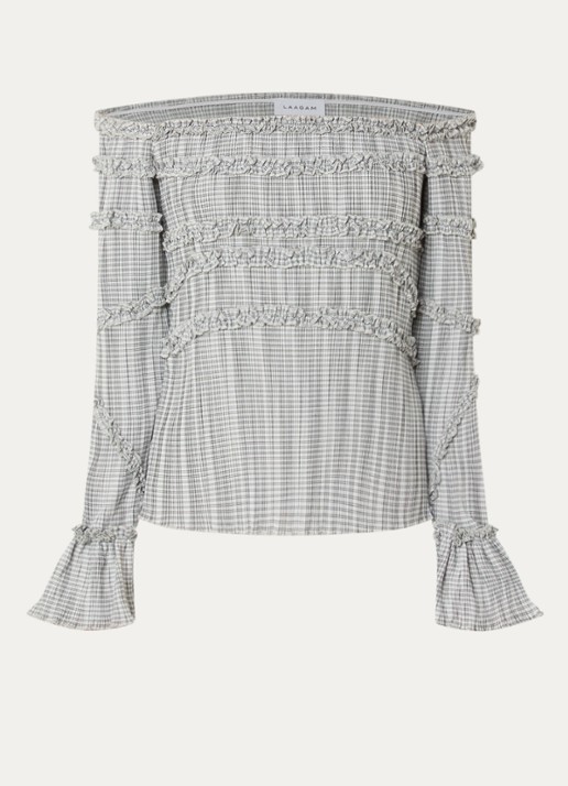 Laagam Petra off shoulder top met ruitdessin en volant - voorkant grijs