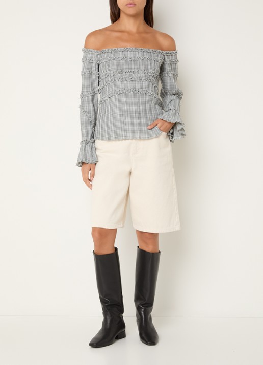 Laagam Petra off shoulder top met ruitdessin en volant - voorkant 2 grijs