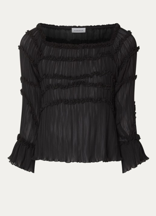 Laagam Petra semi-transparante off shoulder top met plissé en volant - voorkant zwart