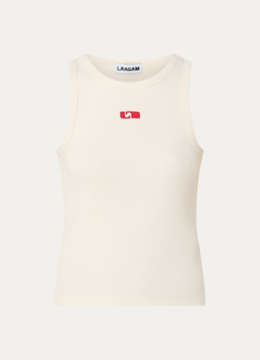 Laagam Ribgebreide tanktop met logoborduring - voorkant 2 beige