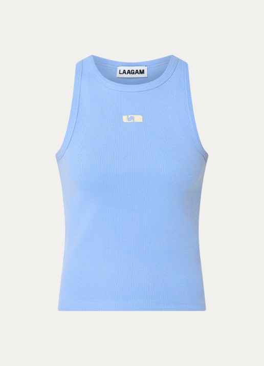Laagam Ribgebreide tanktop met logoborduring - voorkant 2 lichtblauw