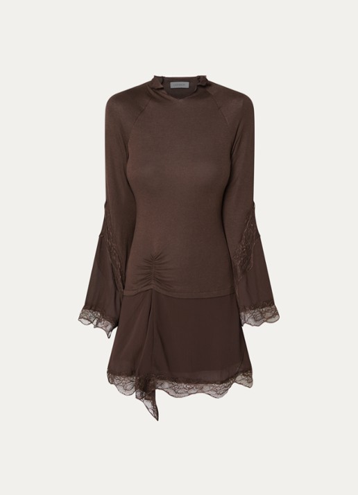 Laagam Siss mini jurk in wolblend met details van kant - voorkant 2 donkerbruin
