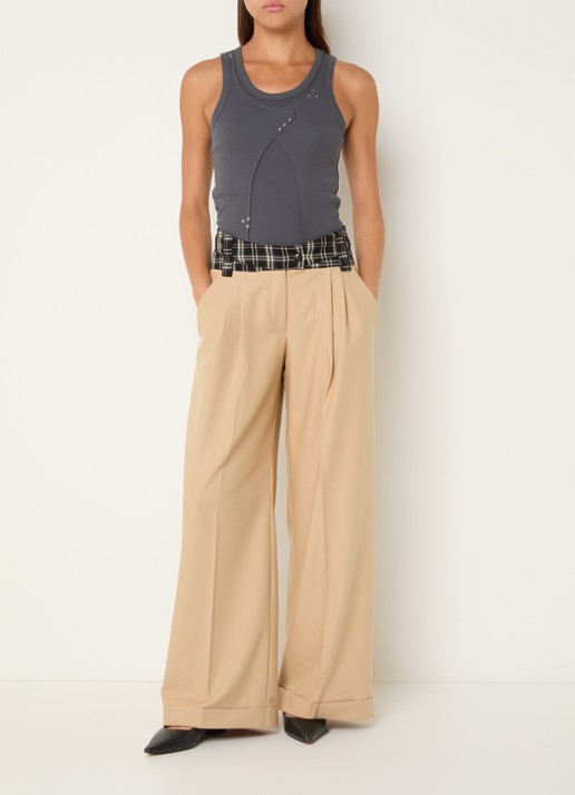 Laagam Smith high waist wide fit pantalon met ruitdessin - voorkant 2 zand