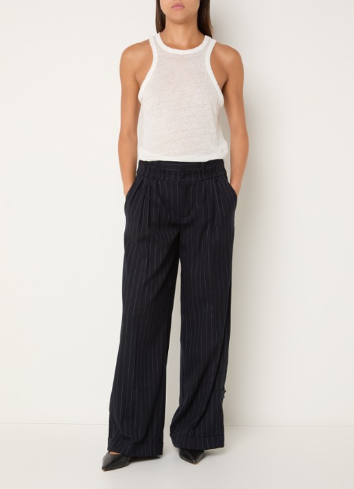 Laagam Stella high waist loose fit pantalon met krijtstreep - voorkant 4 donkerblauw