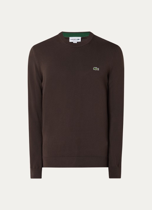 Lacoste Fijngebreide pullover met logo - voorkant 3 donkerbruin