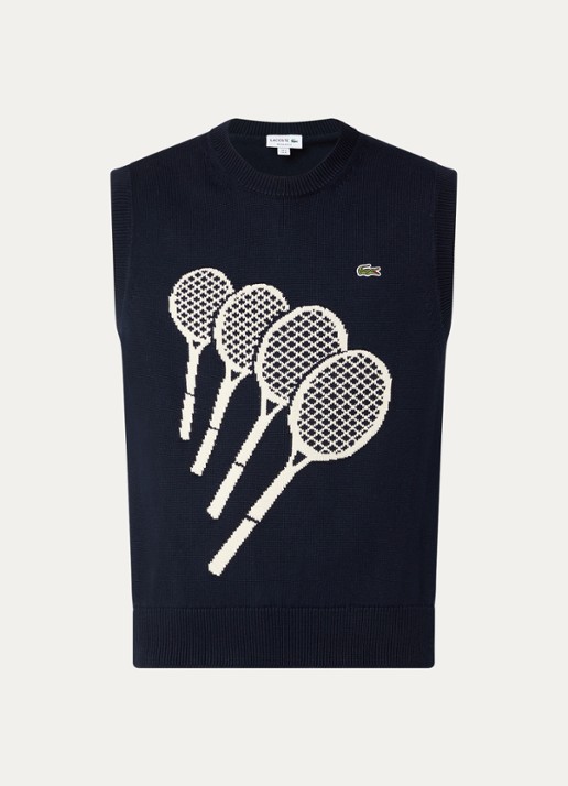 Lacoste Fijngebreide pullover met print - voorkant 9 donkerblauw