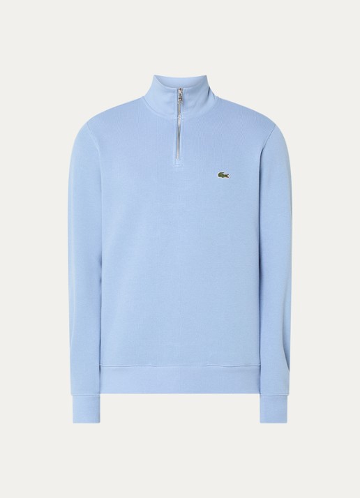 Lacoste Fijngebreide trui met halve rits en logo - voorkant 3 lichtblauw