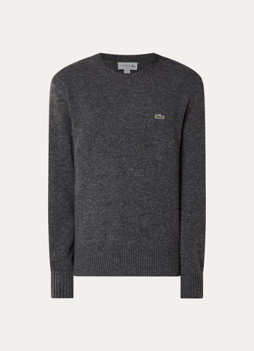 Lacoste Fijngebreide trui van wol met logo - voorkant 2 grijsmele