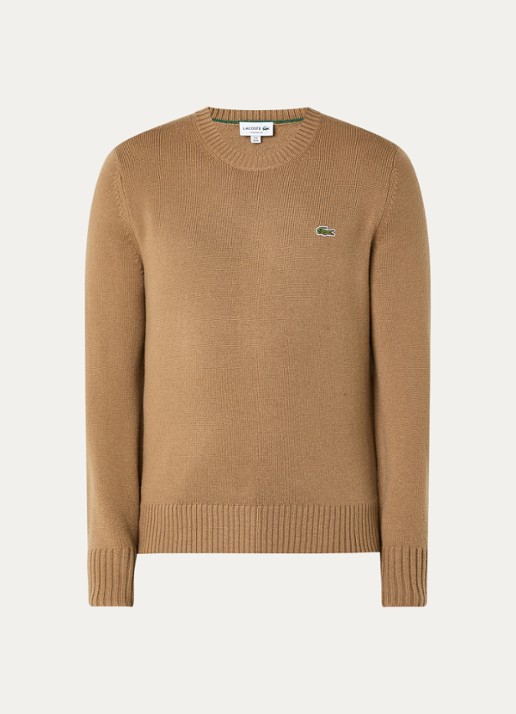 Lacoste Fijngebreide trui van wol met logo - voorkant 3 zand