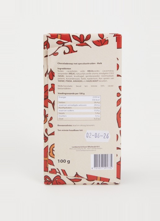 Lambertz & Visser Sinterklaas Speculaas chocoladereep 100 gram  - voorkant 2 rood
