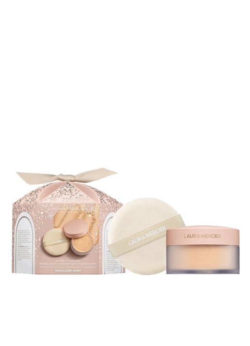Laura Mercier Divinely Flawless Translucent Loose Setting Powder & Puff - Limited Edition losse poeder - voorkant 2 translucent honey