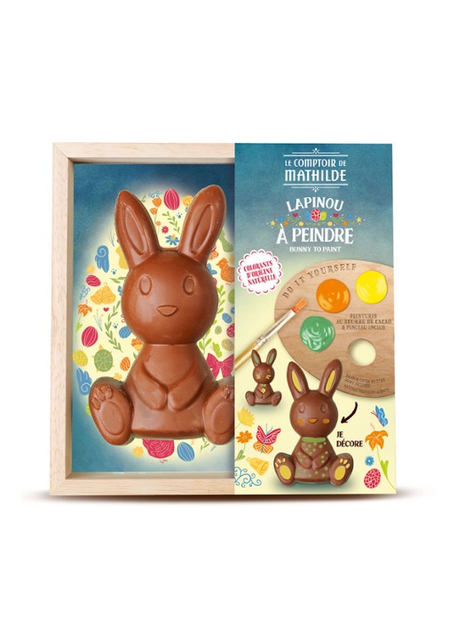 Le Comptoir de Mathilde Melkchocolade konijn om te schilderen in houten kistje 200 gram - voorkant undefined