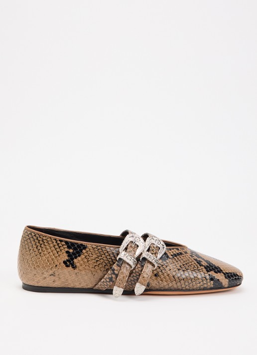 Le Monde Béryl Classic Claudia ballerina van kalfsleer met slangenprint en gespdetail