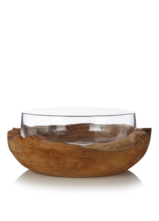 Leonardo Terra schaal met teak sokkel, 28 cm - voorkant bruin