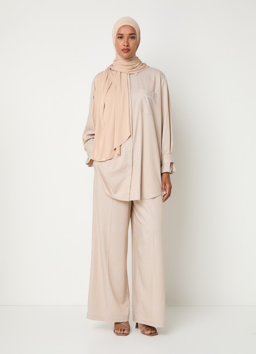 LES Atelier Ghala high waist straight fit broek met streepprint - voorkant 5 khaki