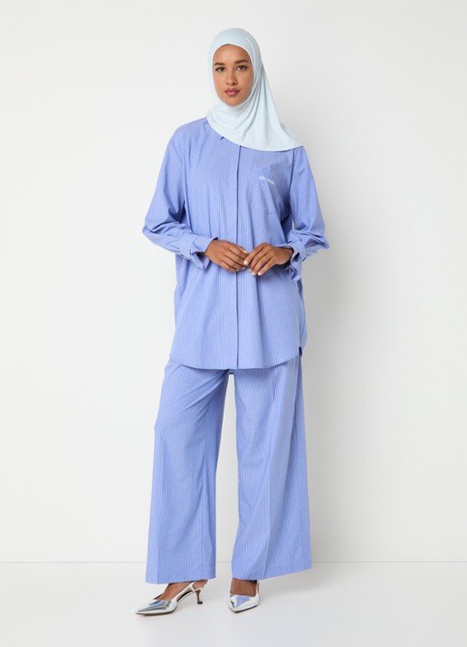 LES Atelier Ghala high waist straight fit broek met streepprint - voorkant 4 blauw