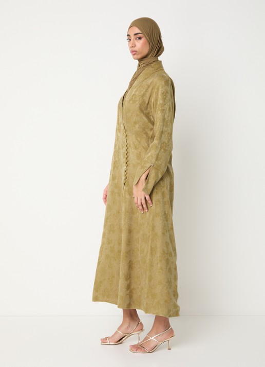 LES Atelier Kiara maxi jurk met jacquard dessin en V-hals - voorkant 2 okergeel