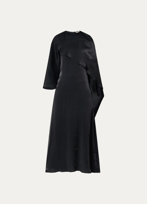 LES Atelier Lamia maxi jurk van satijn met sjaalkraag - voorkant 4 zwart