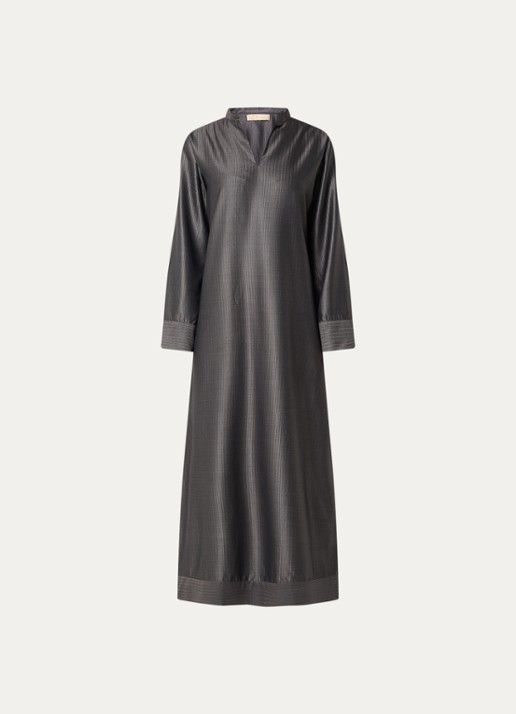 LES Atelier Naila maxi jurk met opstaande kraag en streepprint - voorkant 2 antraciet