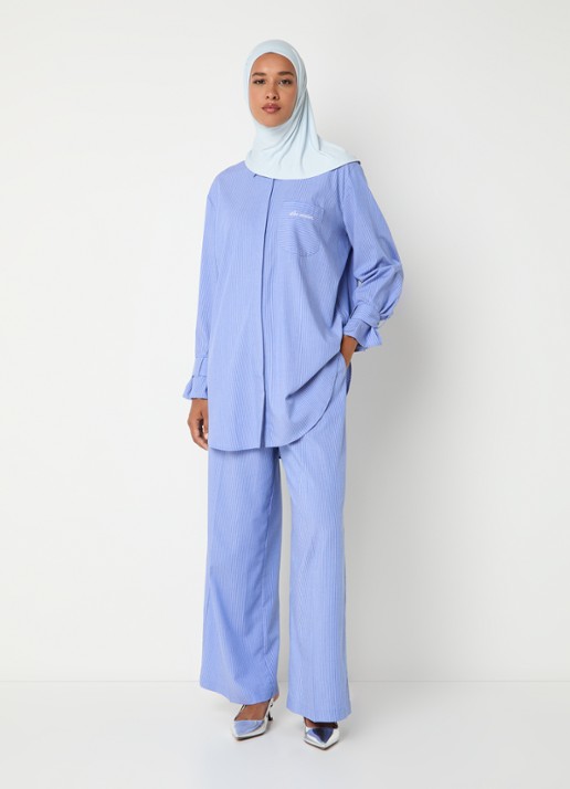 LES Atelier Salmia blouse met borstzak en streepprint - voorkant 4 blauw
