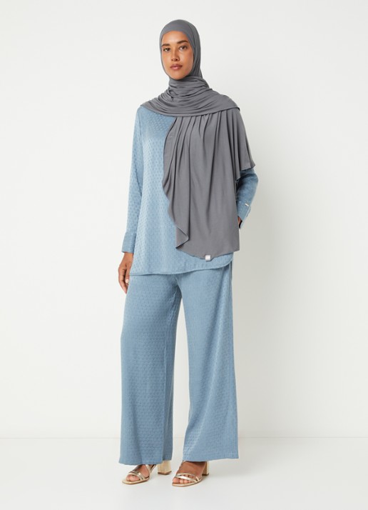 LES Atelier Sana high waist straight fit broek met structuur - voorkant 5 staalblauw