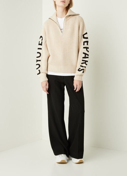 Les Coyotes de Paris Roxy trui van merino wol met ingebreid logopatroon - voorkant 2 beige