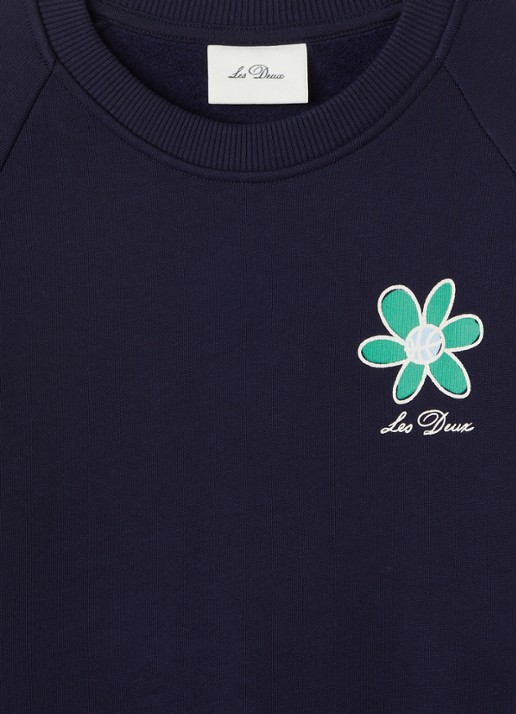 Les Deux Flower sweater met logo- en backprint - detail donkerblauw