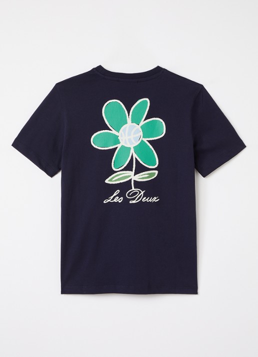 Les Deux Flower T-shirt met logo- en backprint - voorkant 2 donkerblauw