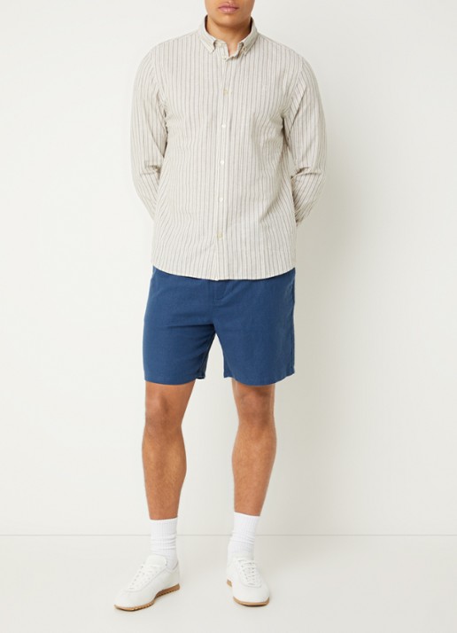 Les Deux Straight fit korte broek in linnenblend met steekzakken - voorkant 4 blauw