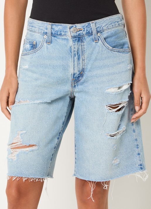 Levi's Baggy Dad high waist loose fit korte broek van denim met destroyed afwerking - detail indigo