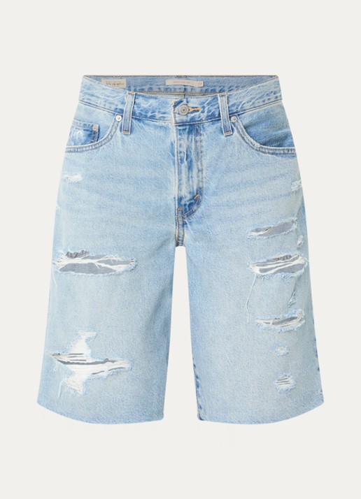 Levi's Baggy Dad high waist loose fit korte broek van denim met destroyed afwerking - voorkant 2 indigo