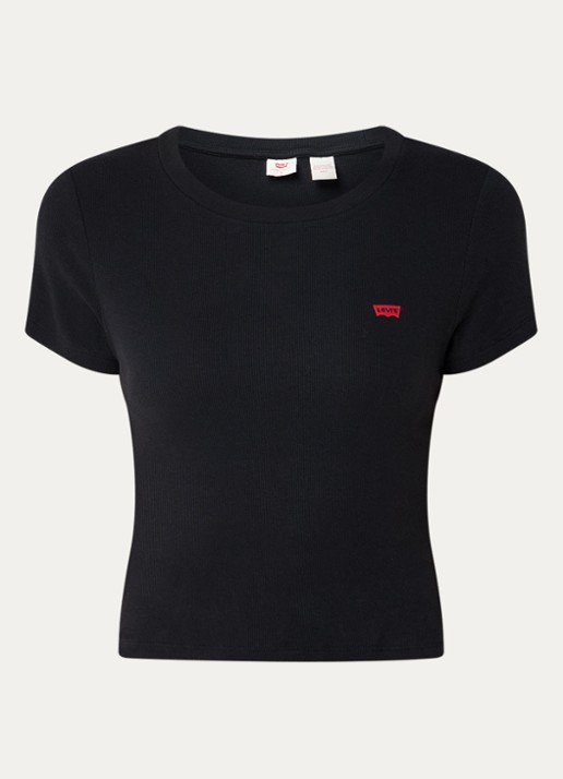 Levi's Cropped T-shirt met ribstructuur en logo - voorkant zwart