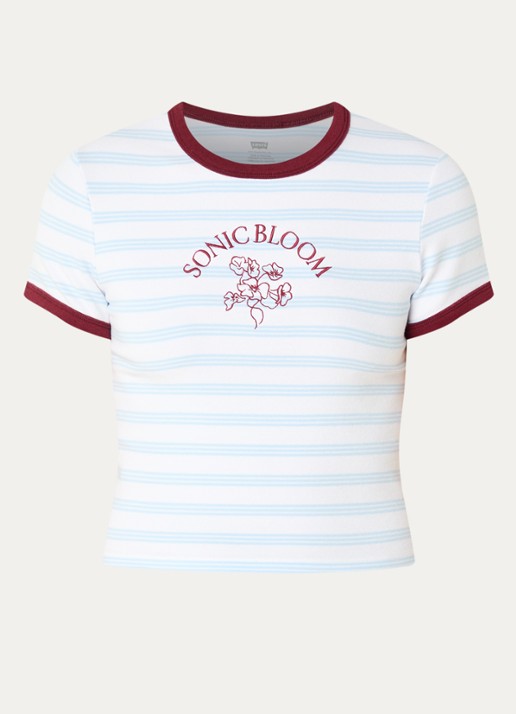 Levi's Cropped T-shirt met streepprint en borduring - voorkant lichtblauw