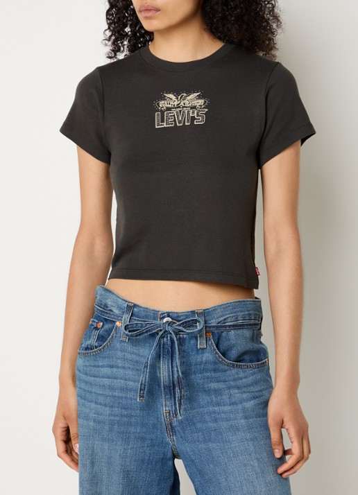 Levi's Essential cropped T-shirt met logo en strass - detail 4 antraciet
